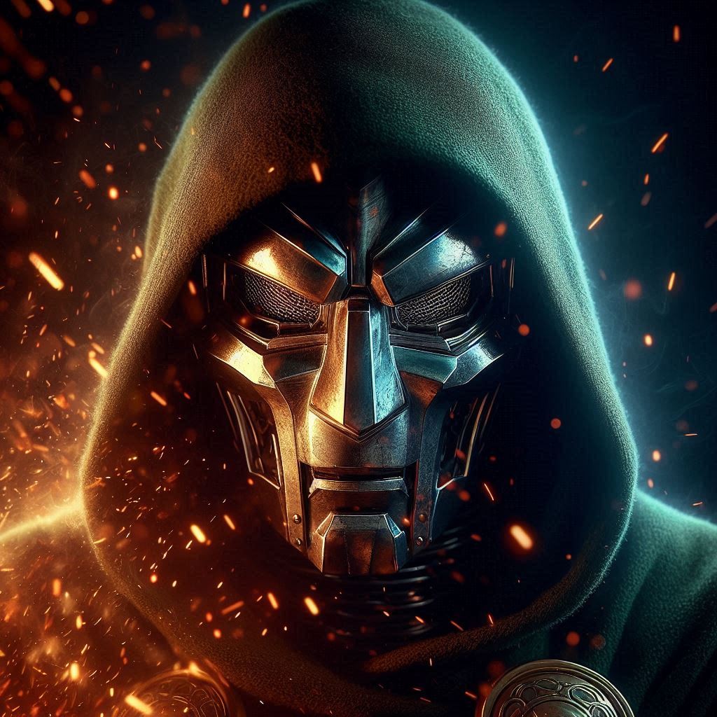 A half lit portrait of Doctor Doom with sparks flying behind him by optiventor com