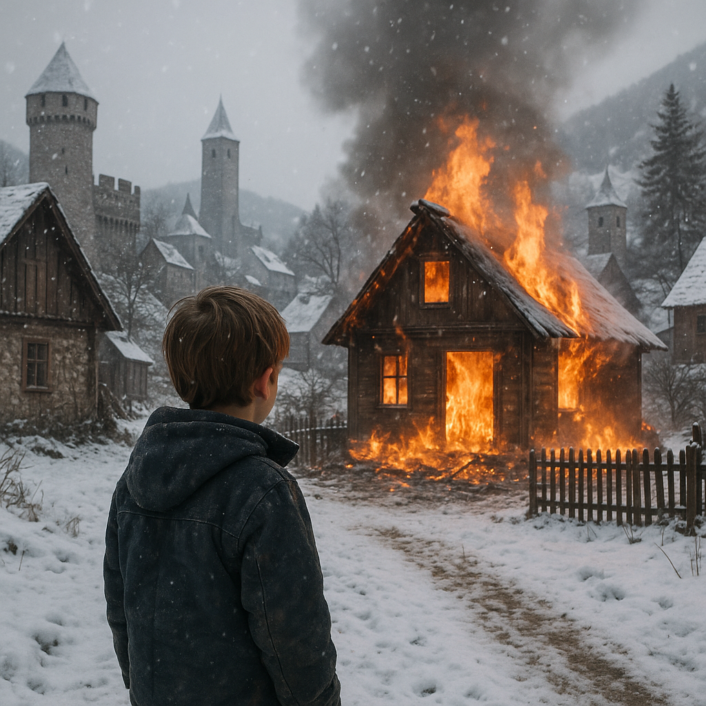 A snowy, rustic view of Latveria with a young boy looking at a burning home,realistic,photo stock ,dr doom house burning