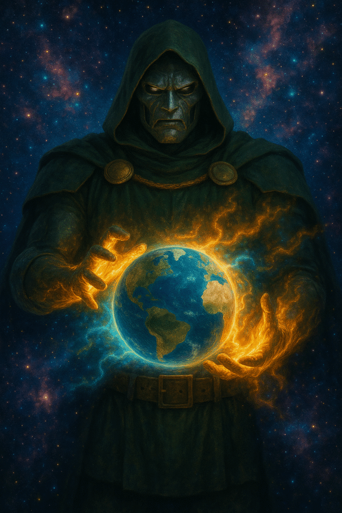 Doom standing with the Beyonder's power in Secret Wars, world reshaping in his hands