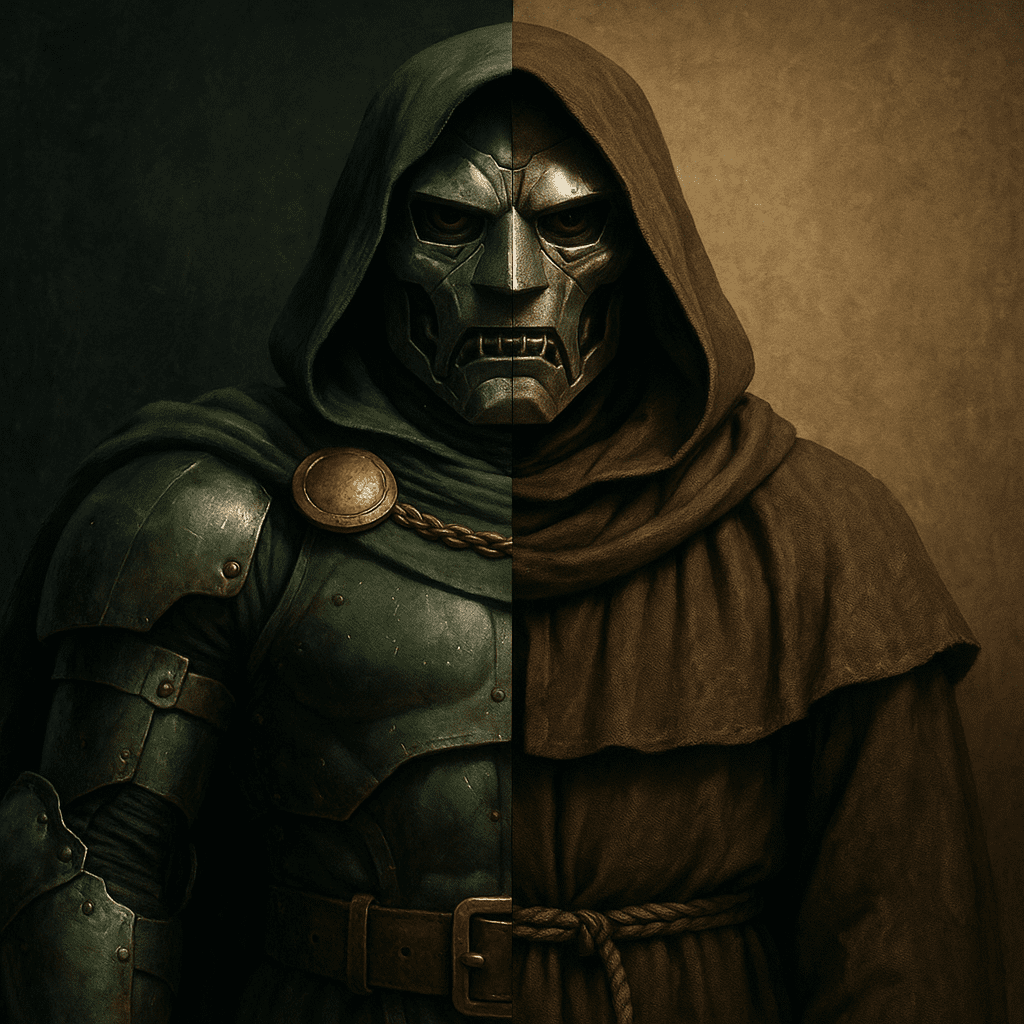 Split image of Doom in armor vs Doom in a monk robe