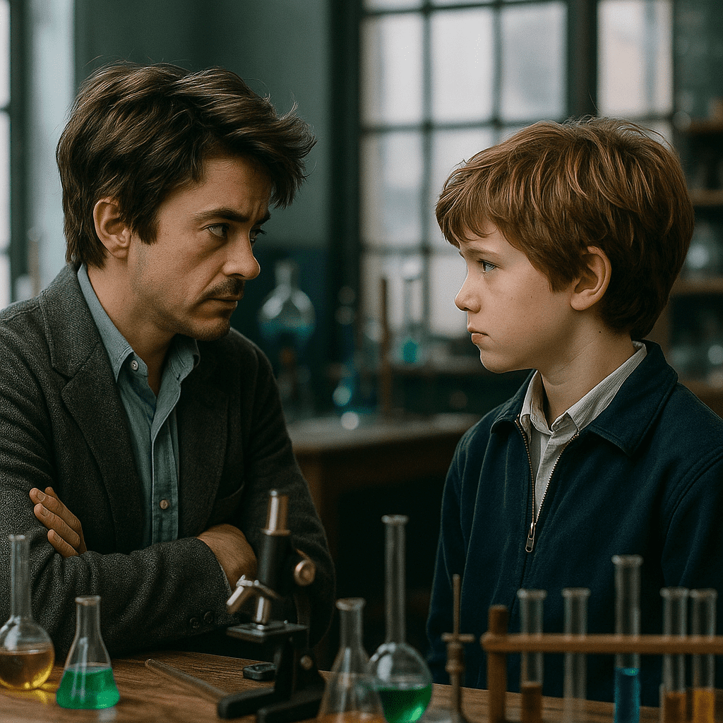 Young Victor and Reed Richards in a science lab, facing off intellectually