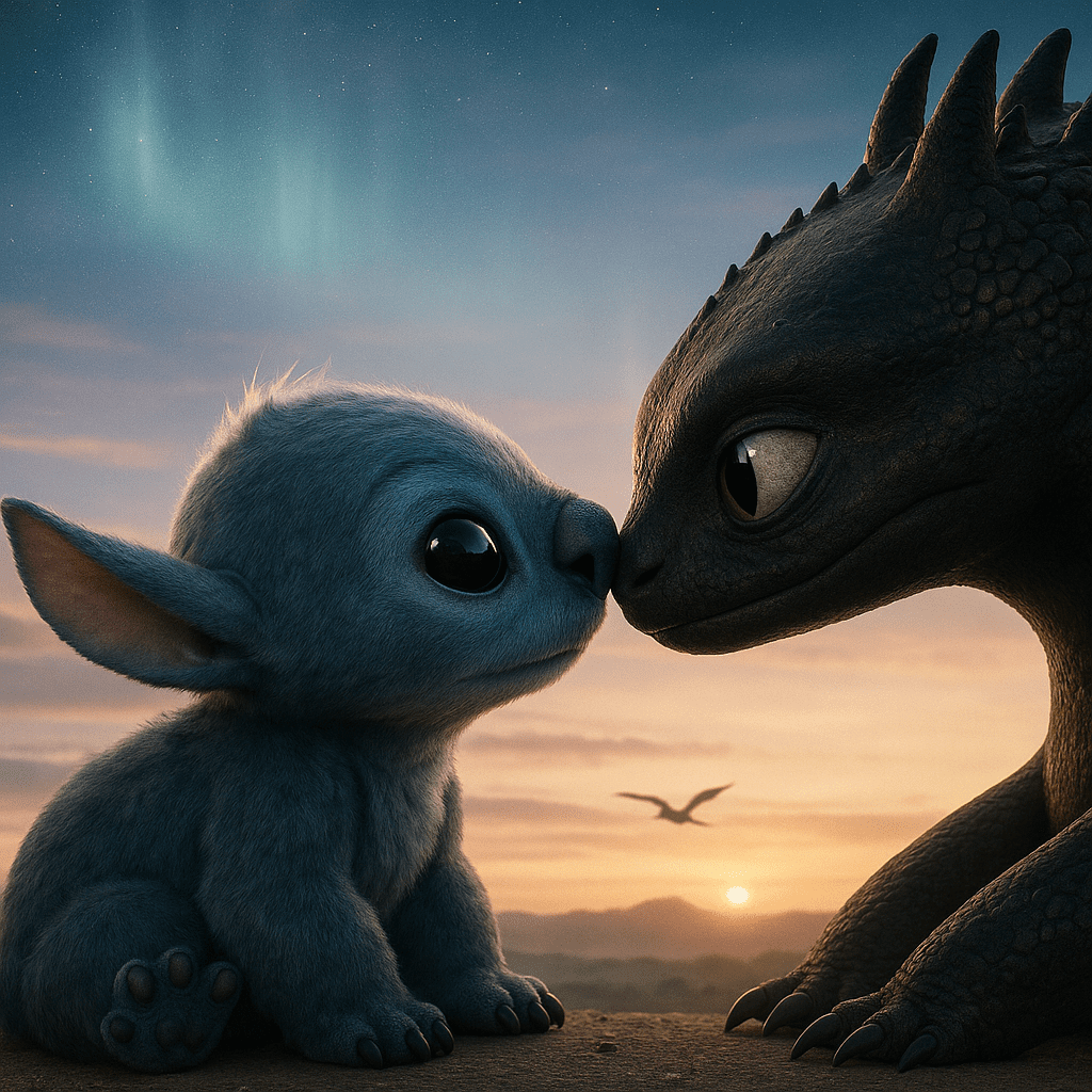A charming piece of fan art combining Disney's Stitch and DreamWorks' Toothless ,Stitch & Toothless Fan Art Crossover Gone Viral