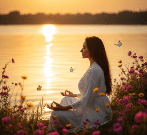 A woman meditates peacefully by the water's edge, surrounded by vibrant wildflowers and fluttering butterflies under a serene, golden sunset