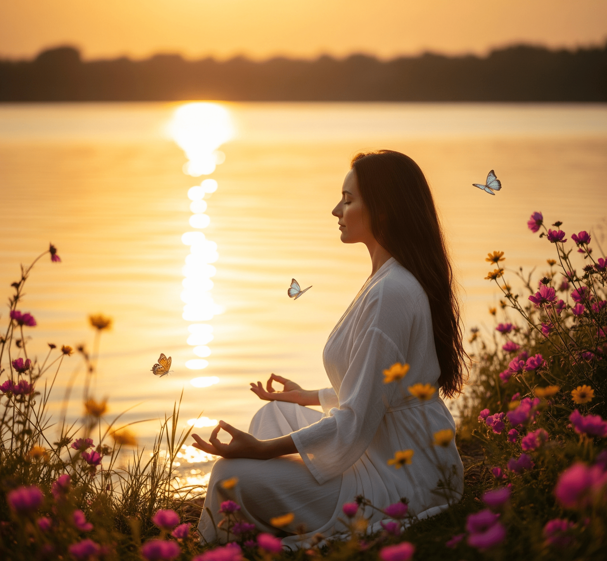 A woman meditates peacefully by the water's edge, surrounded by vibrant wildflowers and fluttering butterflies under a serene, golden sunset